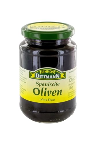Feinkost Dittmann Spanische Oliven ohne Stein - 340g, 1er Pack - Schwarze Oliven eingelegt - Geschwärzte Olivenfrucht - Ideal für Pizza, Salate, Spanische Antipasti von Feinkost Dittmann
