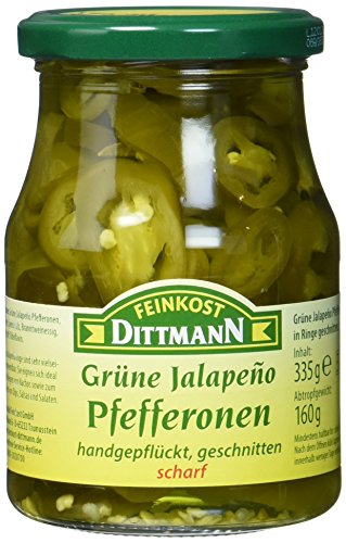 Feinkost Dittmann Grüne Jalapeño-Peperoni, in Ringe geschnitten Glas, 6er Pack (6 x 335 g) von Feinkost Dittmann