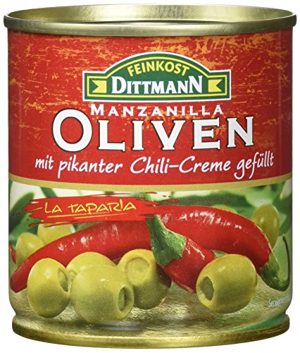 Feinkost Dittmann Grüne Oliven gefüllt mit Chilicreme, 8er Pack (8 x 85 g) von Feinkost Dittmann