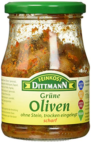 Feinkost Dittmann Grüne Oliven ohne Stein, trocken eingelegt, scharf (1 x 170 g) von Feinkost Dittmann