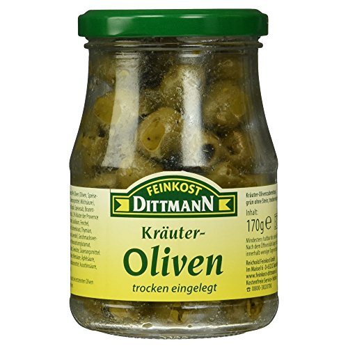Feinkost Dittmann Grüne Kräuter-Oliven Trockeneingelegte Olivenfrucht ohne Stein - 170g, 1er Pack - Oliven mit Kräuter mariniert - Antipasti, entsteinte Oliven von Feinkost Dittmann