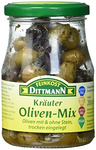 Feinkost Dittmann Kräuter Oliven Mix, Trocken eingelegt mit und ohne Steine Glas, 3er Pack (3 x 200 g) von Feinkost Dittmann