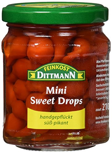 Feinkost Dittmann Mini Sweet Drops scharf und handgepflückt - Mini Pfefferonen rot Glas, 5er Pack (5 x 210 g) von Feinkost Dittmann