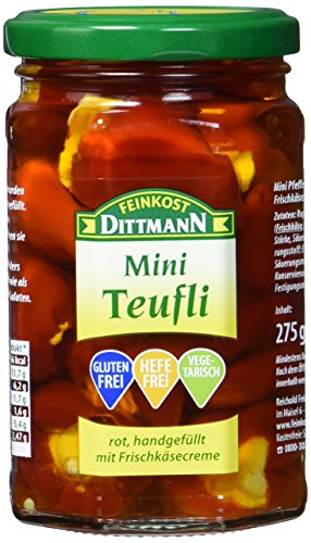 Feinkost Dittmann Mini Teufli - Pfefferonen rot gefüllt mit einer Frischkäsezubereitung Glas, 5er Pack (5 x 275 g) von Feinkost Dittmann