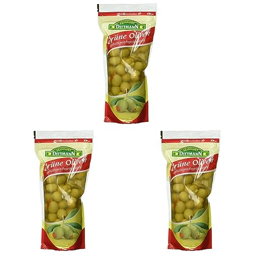 Feinkost Dittmann Oliven gefüllt mit Paprikapaste, 485g, Abtropfgewicht 250g (Packung mit 3) von Feinkost Dittmann