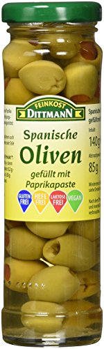 Feinkost Dittmann Oliven grün gefüllt mit Paprikapaste, 12er Pack (12 x 140 g) von Feinkost Dittmann