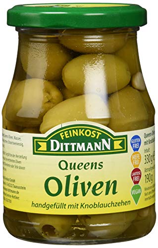 Feinkost Dittmann Queens-Oliven gefüllt mit Knoblauchzehen Glas, 2er Pack (2 x 330 g) von Feinkost Dittmann