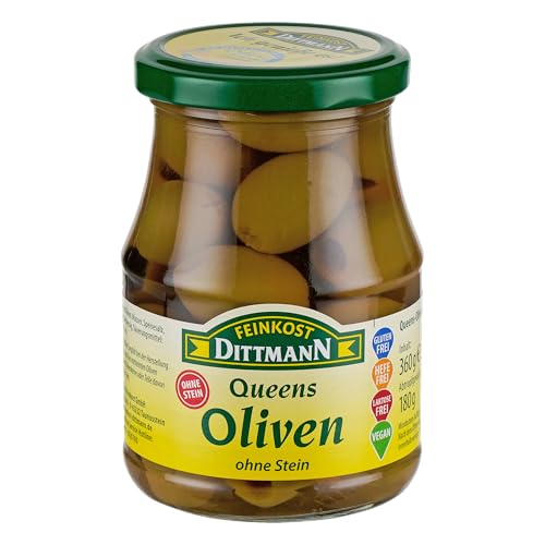 Feinkost Dittmann Queens Oliven - Extra Große Oliven im 350g Glas - 1er Pack - Grüne Olivenfrüchte aus Griechenland - Oliven Entsteint - Ideal als Snack oder auf Antipasti-Platten von Feinkost Dittmann