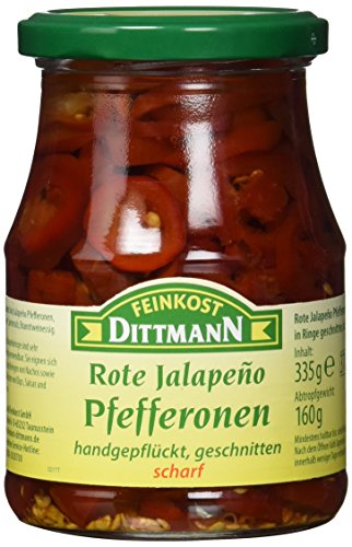 Feinkost Dittmann Rote Jalapeño-Peperoni, in Ringe geschnitten Glas, 6er Pack (6 x 335 g) von Feinkost Dittmann