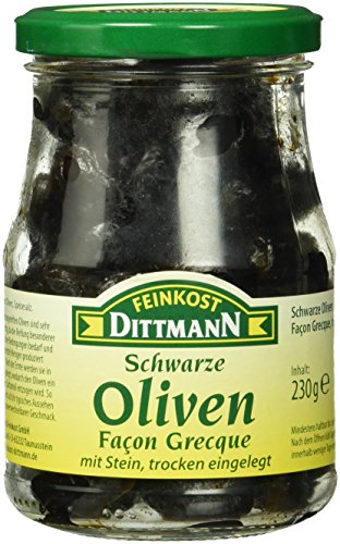 Feinkost Dittmann Schwarze Oliven, Façon Grecque, trocken eingelegt, mit Stein, 6er Pack (6 x 230 g) von Feinkost Dittmann