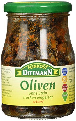 Feinkost Dittmann Schwarze Oliven, ohne Stein, trocken eingelegt, schar, 3er Pack (3 x 180 g) von Feinkost Dittmann