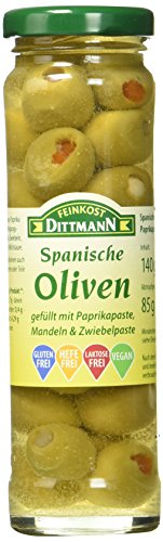 Feinkost Dittmann Spanische Oliven gefüllt mit Paprikapaste, Mandeln und Zwiebelpaste (1 x 140 g) von Feinkost Dittmann