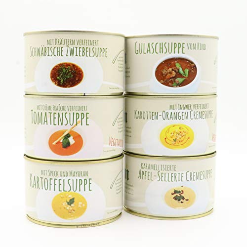 Diem Suppe Paket , Probierpaket - Lieblingssuppe - Apfel Sellerie Suppe, Zwiebelsuppe, Kartoffelsuppe, Karotten Orangen Suppe, Tomatencremesuppe, Gulaschsuppe 6 x 400g Konserve von Diem