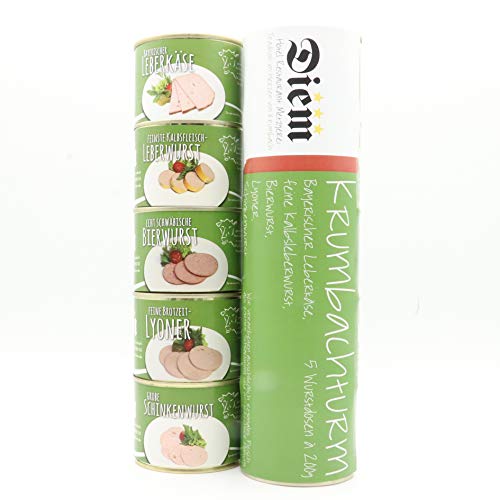 Krumbachturm / 5 Dosen (Bayrischer Leberkäse, Bierwurst, Kalbfleischleberwurst, Lyoner, Schinkenwurst 5 X 200g) Krumbachturm / 5 Dosen (Bayrischer Leberkäse, Bierwurst, Kalbfleischleberwurst, Lyoner, Schinkenwurst 5 X 200g) von Feinkost Metzgerei Diem