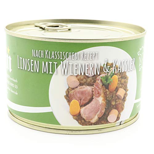 Saure-Linsen mit Kasseler und Wiener, Linseneintopf, Linsentopf, Seitenwürste - Metzgerei - 400g Konserve - Langes MhD - DIEM Saure-Linsen mit Kasseler und Wiener, Linseneintopf, Linsentopf, Seitenwürste - Metzgerei - 400g Konserve - Langes MhD - DIEM von Feinkost Metzgerei Diem