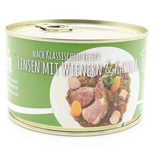 Saure-Linsen mit Kasseler und Wiener, Linseneintopf, Linsentopf, Seitenwürste - Metzgerei - 400g Konserve - Langes MhD - DIEM von Feinkost Metzgerei Diem