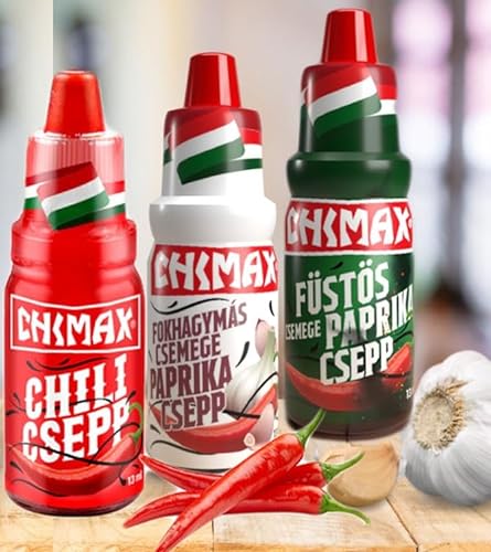 Chimax csepp 3er Probier SET je 13ml, Knoblauch-Paprikaöl, Chilitropfen Chiliextrakt, geräuchertes Paprikaöl von Feinkost-aus-Ungarn.de Import - Vertrieb und Grosshandel