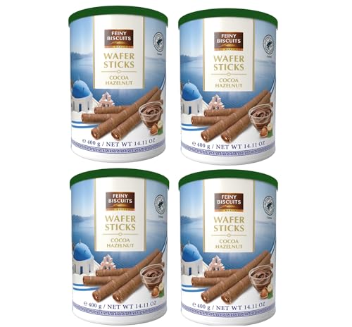 Feiny Biscuits Wafer Sticks Cocoa Hazelnut Waffelröllchen Mit Einer Kakaocremefüllung Mit Haselnüssen Vorteilspackung 4 x 400g von Feiny Biscuits