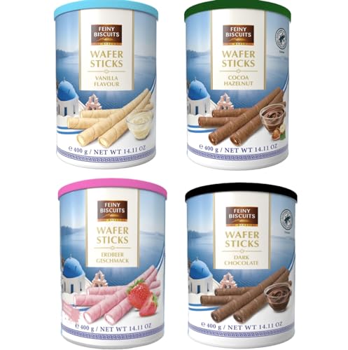 Feiny Biscuits Wafer Sticks Waffelröllchen In Der Dose Vanilla Flavour | Cocoa Hazelnut | Erdbeer Geschmack Und Dark Chocolate Verschiedene Sorten Set 4 x 400g von Feiny Biscuits
