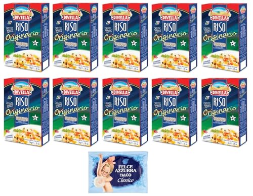 10er-Pack Divella Riso Originario,Runde Reiskörner, italienischer Reis, ideal für traditionelle Rezepte,1kg Vakuumverpackung + 1er-Pack Kostenlos Felce Azzurra Talkumpuder, 100g-Beutel von Felce Azzurra