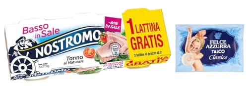 10er-Pack Nostromo Thunfisch Tonno al Naturale Basso in Sale,Natürlicher Thunfisch,Salzarm,3x70g Dose + 1er-Pack Kostenlos Felce Azzurra Talkumpuder, 100g-Beutel von Felce Azzurra