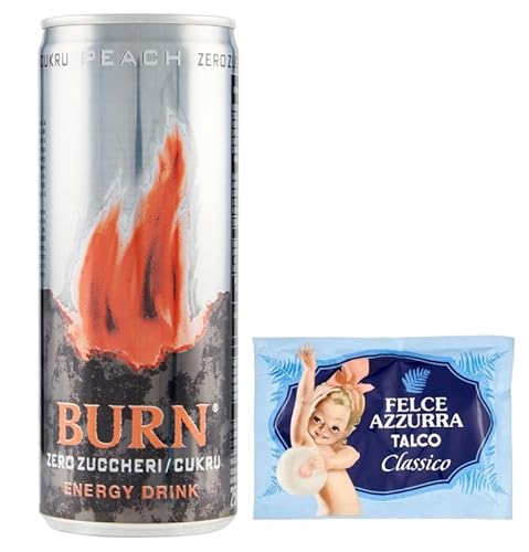 12er-Pack Burn Energy Drink Peach,Erfrischender alkoholfreier Energiegetränk mit Pfirsich Geschmack Ohne Zucker,250ml Einwegdose + 1er-Pack Kostenlos Felce Azzurra Talkumpuder, 100g-Beutel von Felce Azzurra