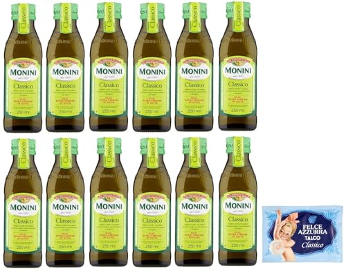 12er-Pack Monini CLASSICO Natives Olivenöl Extra,Olio Extra Vergine di Oliva,250ml Glasflaschen + 1er-Pack Kostenlos Felce Azzurra Talkumpuder, 100g-Beutel von Felce Azzurra