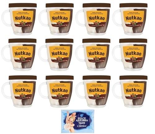 12er-Pack Nutkao Crema Bicolore Cacao,Nocciole e Vaniglia,Streichfähige Creme Kakao mit Haselnüssen und Vanille, 330g-Glas + 1er-Pack Kostenlos Felce Azzurra Talkumpuder, 100g-Beutel von Felce Azzurra