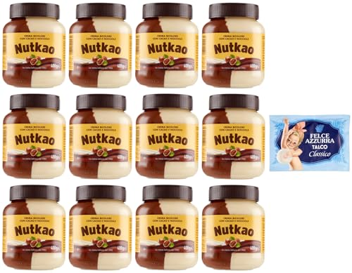 12er-Pack Nutkao Crema Bicolore Cacao,Nocciole e Vaniglia,Streichfähige Creme Kakao mit Haselnüssen und Vanille, 400g-Glas + 1er-Pack Kostenlos Felce Azzurra Talkumpuder, 100g-Beutel von Felce Azzurra