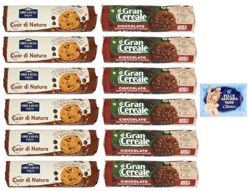 12er-Pack Testpaket Biscotti Cereali Cioccolato Ore Liete 250g + Gran Cereale 230g Kekse mit Müsli und Schokoladen Verpackt in Tube + 1er-Pack Kostenlos Felce Azzurra Talkumpuder, 100g-Beutel von Felce Azzurra
