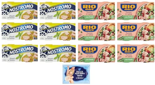 12er-Pack Testpaket Rio Mare Nostromo Thunfisch und Erbsen Fertiggericht, 2x150g + 1er-Pack Kostenlos Felce Azzurra Talkumpuder, 100g-Beutel von Felce Azzurra