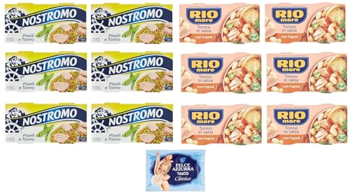 12er-Pack Testpaket Rio Mare Thunfisch und Bohnen + Nostromo Thunfisch und Erbsen Fertiggericht, 2x150g + 1er-Pack Kostenlos Felce Azzurra Talkumpuder, 100g-Beutel von Felce Azzurra