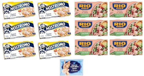 12er-Pack Testpaket Rio Mare Thunfisch und Erbsen + Nostromo Thunfisch und Bohnen Fertiggericht, 2x150g + 1er-Pack Kostenlos Felce Azzurra Talkumpuder, 100g-Beutel von Felce Azzurra