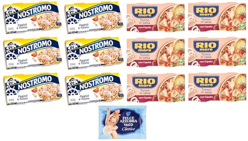 12er-Pack Testpaket Rio Mare Thunfisch und Zwiebeln + Nostromo Thunfisch und Bohnen Fertiggericht, 2x150g + 1er-Pack Kostenlos Felce Azzurra Talkumpuder, 100g-Beutel von Felce Azzurra