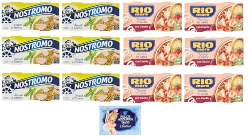 12er-Pack Testpaket Rio Mare Thunfisch und Zwiebeln + Nostromo Thunfisch und Erbsen Fertiggericht, 2x150g + 1er-Pack Kostenlos Felce Azzurra Talkumpuder, 100g-Beutel von Felce Azzurra