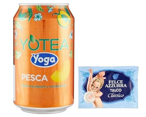 12er-Pack Yoga Yotea Thè Pesca,Erfrischendes Alkoholfreies Getränk,Eistee mit Pfirsich,330ml Einwegdose + 1er-Pack Kostenlos Felce Azzurra Talkumpuder, 100g-Beutel von Felce Azzurra