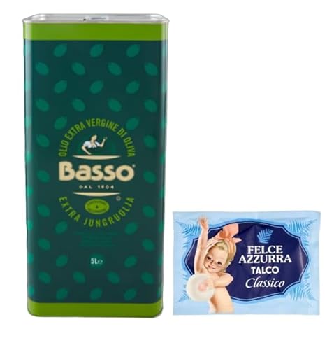 1er-Pack Basso Olio Extra Vergine di Oliva,Natives Olivenöl Extra,Ideal für alle Anwendungen in der Küche,5Lt Dose + 1er-Pack Kostenlos Felce Azzurra Talkumpuder, 100g-Beutel von Felce Azzurra