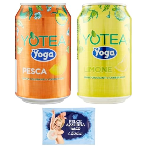 24er-Pack Testpaket Yoga Yotea,Erfrischendes Alkoholfreies Getränk,Eistee mit Zitrone + Eistee mit Pfirsich,330ml Einwegdose + 1er-Pack Kostenlos Felce Azzurra Talkumpuder, 100g-Beutel von Felce Azzurra