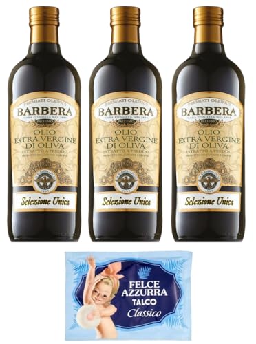 3er-Pack Barbera Selezione Unica Natives Olivenöl Extra,Olio Extra Vergine di Oliva,1Lt Glasflaschen + 1er-Pack Kostenlos Felce Azzurra Talkumpuder, 100g-Beutel von Felce Azzurra