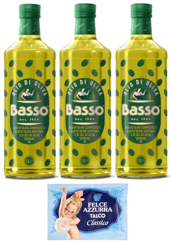 3er-Pack Basso Olivenöl,Olio di Oliva,super zum Braten,1Lt Glasflaschen + 1er-Pack Kostenlos Felce Azzurra Talkumpuder, 100g-Beutel von Felce Azzurra