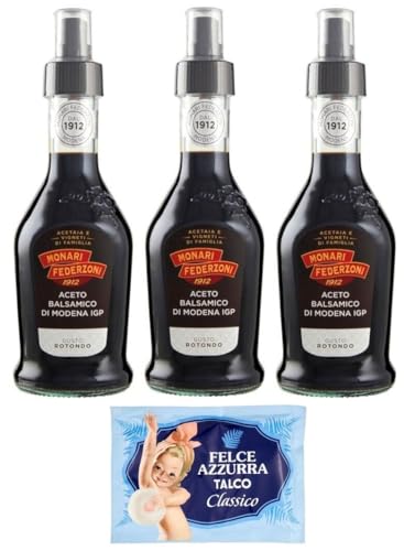 3er-Pack Monari Federzoni Aceto Balsamico di Modena I.G.P.Gusto Rotondo,Spray Balsamico-Essig aus Modena I.G.P.,250ml Glasflasche + 1er-Pack Kostenlos Felce Azzurra Talkumpuder, 100g-Beutel von Felce Azzurra