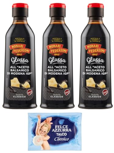 3er-Pack Monari Federzoni Glassa all'Aceto Balsamico di Modena,Glasur Creme mit Balsamico-Essig aus Modena I.G.P.,300g + 1er-Pack Kostenlos Felce Azzurra Talkumpuder, 100g-Beutel von Felce Azzurra