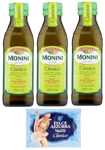 3er-Pack Monini CLASSICO Natives Olivenöl Extra,Olio Extra Vergine di Oliva,250ml Glasflaschen + 1er-Pack Kostenlos Felce Azzurra Talkumpuder, 100g-Beutel von Felce Azzurra