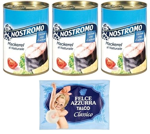 3er-Pack Nostromo Mackerel al Naturale,Natürliches Makrelenfilet, 425g Dose + 1er-Pack Kostenlos Felce Azzurra Talkumpuder, 100g-Beutel von Felce Azzurra