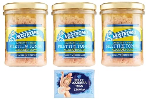 3er-Pack Nostromo Thunfisch Filetti di Tonno all'Olio di Oliva,Thunfischfilets in Olivenöl,180g Glas + 1er-Pack Kostenlos Felce Azzurra Talkumpuder, 100g-Beutel von Felce Azzurra