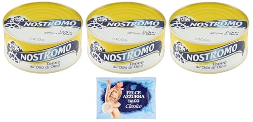3er-Pack Nostromo Thunfisch Tonno all'Olio di Oliva,Thunfisch in Olivenöl,1Kg Dose + 1er-Pack Kostenlos Felce Azzurra Talkumpuder, 100g-Beutel von Felce Azzurra