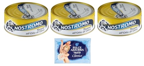 3er-Pack Nostromo Thunfisch Tonno all'Olio di Oliva,Thunfisch in Olivenöl,300g Dose + 1er-Pack Kostenlos Felce Azzurra Talkumpuder, 100g-Beutel von Felce Azzurra