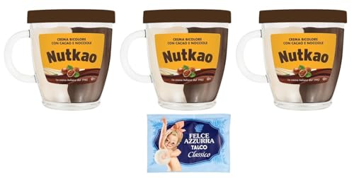 3er-Pack Nutkao Crema Bicolore Cacao,Nocciole e Vaniglia,Streichfähige Creme Kakao mit Haselnüssen und Vanille, 330g-Glas + 1er-Pack Kostenlos Felce Azzurra Talkumpuder, 100g-Beutel von Felce Azzurra