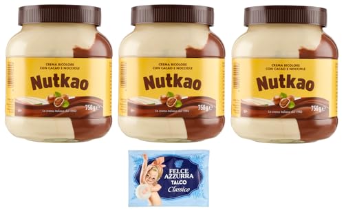 3er-Pack Nutkao Crema Bicolore Cacao,Nocciole e Vaniglia,Streichfähige Creme Kakao mit Haselnüssen und Vanille, 750g-Glas + 1er-Pack Kostenlos Felce Azzurra Talkumpuder, 100g-Beutel von Felce Azzurra