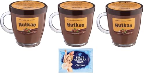 3er-Pack Nutkao Crema Cacao con Nocciole,Streichfähige Creme Kakao mit Haselnüssen,Italienische Creme, 330g-Glas + 1er-Pack Kostenlos Felce Azzurra Talkumpuder, 100g-Beutel von Felce Azzurra